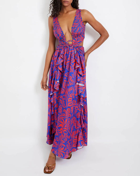 Lobster/Cobalt Pua Cut Out Beach Dress