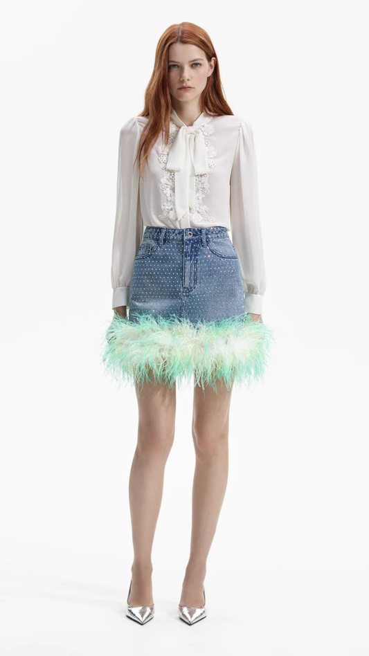Rhinestone Feather Denim Skirt