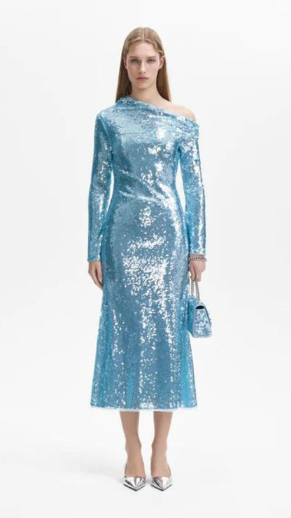 Vestido midi asimétrico de lentejuelas