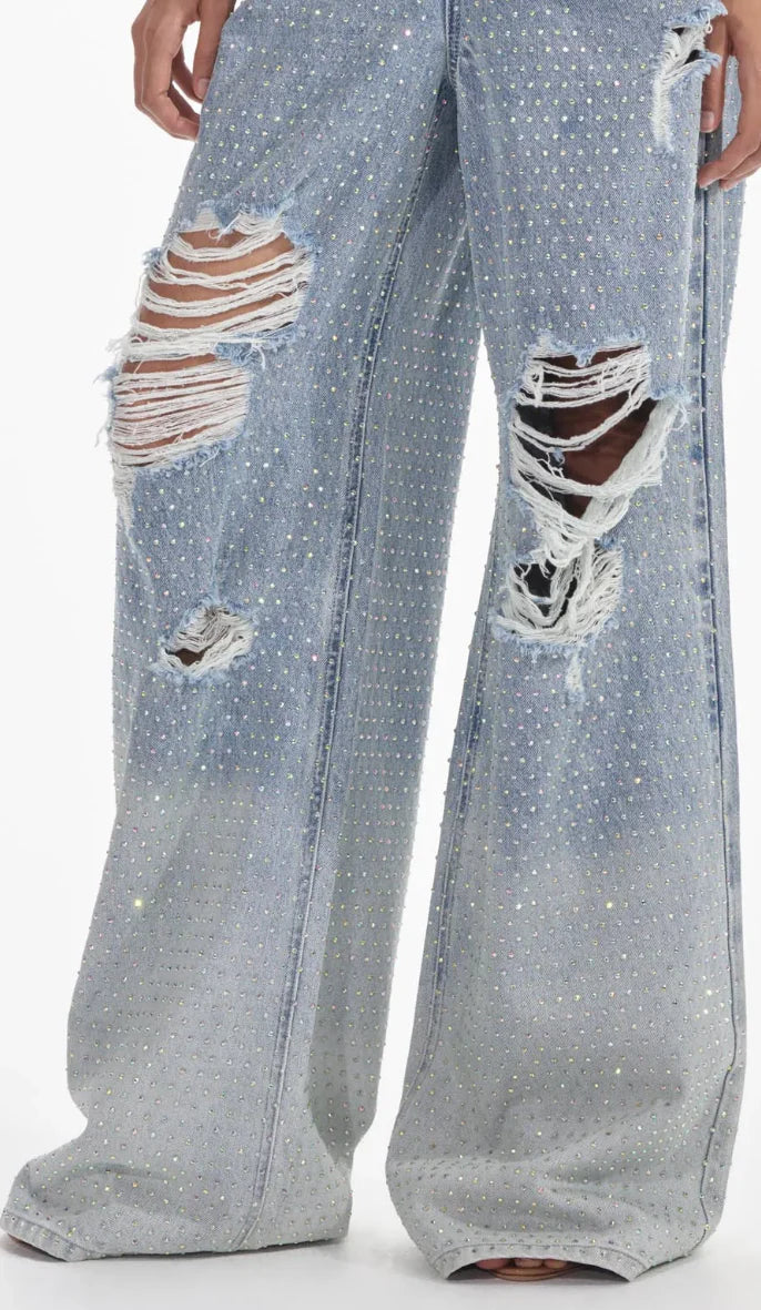 Rhinestone Ombre Distressed Jeans