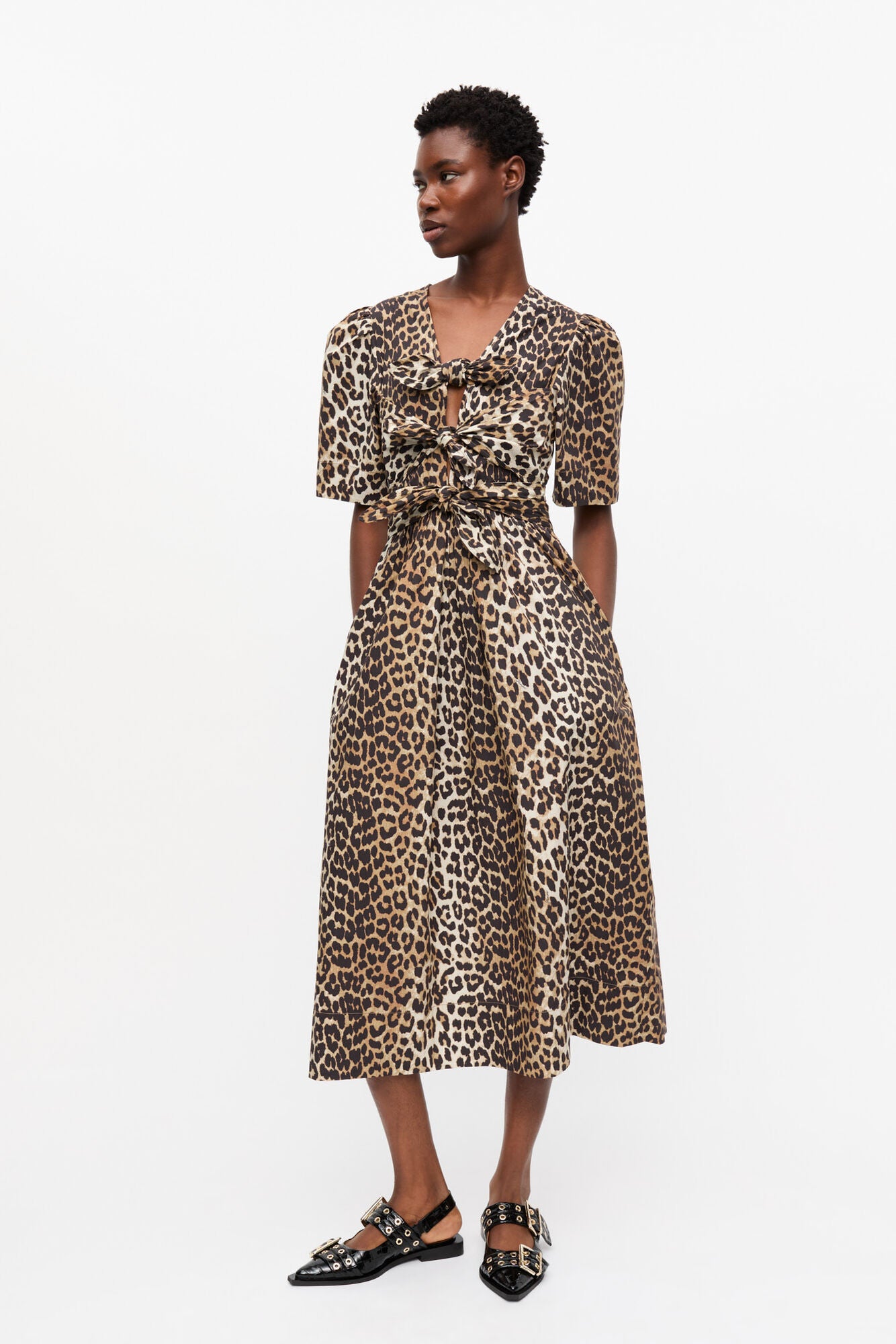 Leopard Cotton Tie Strap Midi Dress