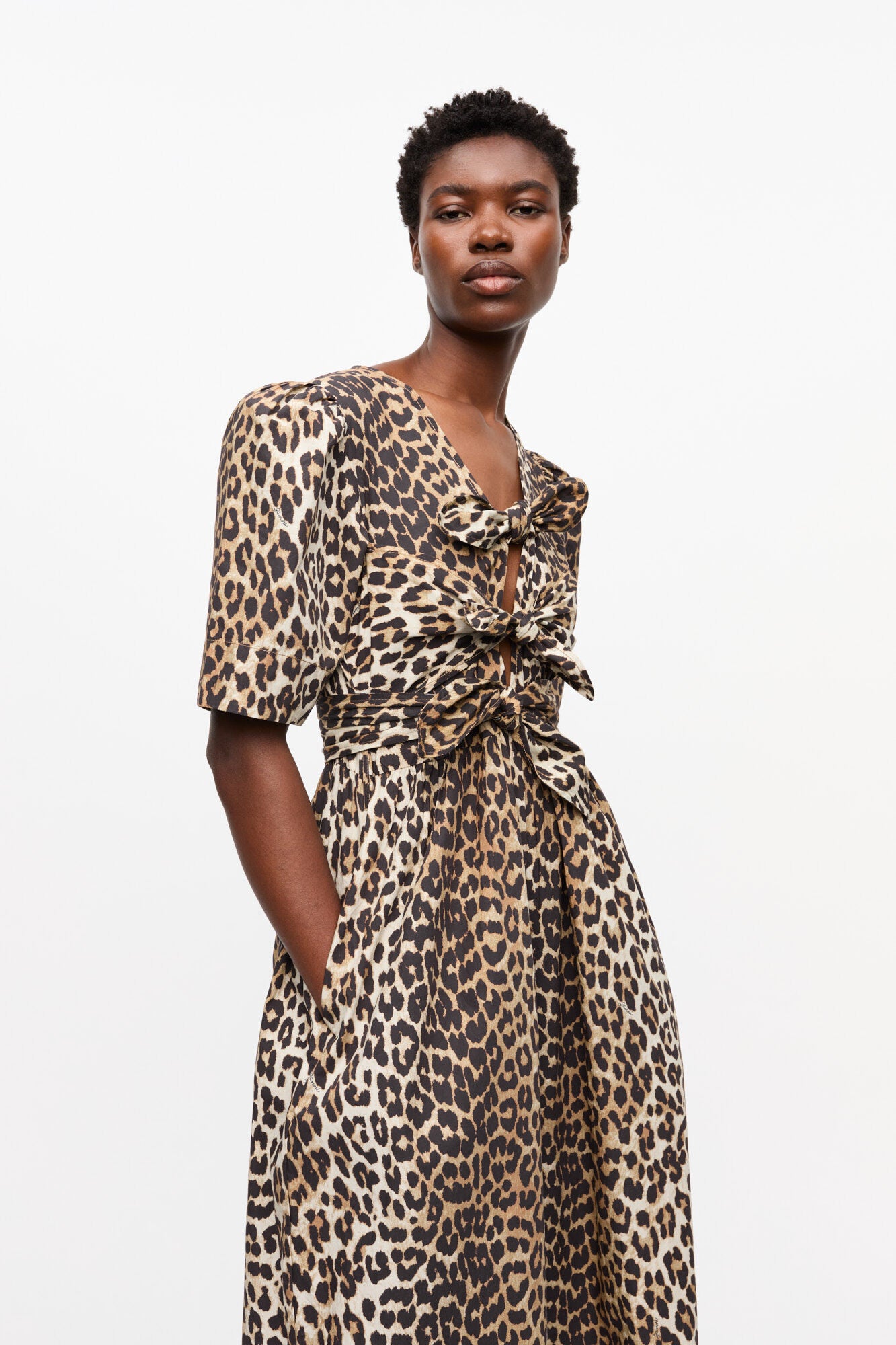 Leopard Cotton Tie Strap Midi Dress