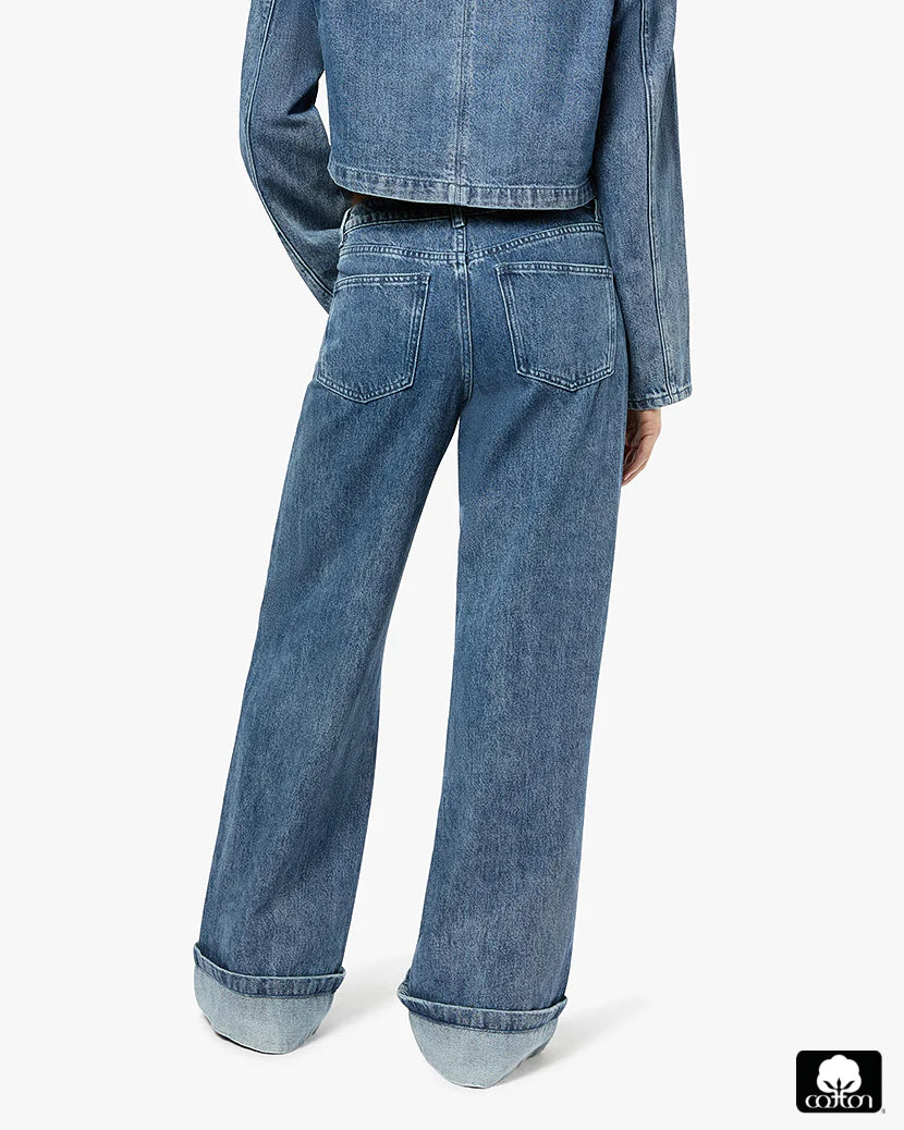 Mid Rise Cuff Straight Leg Jean