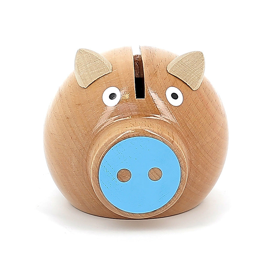 Tirelire cochon bois naturel-bleu